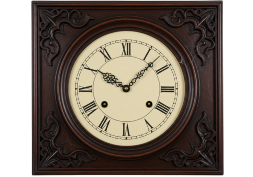 Isolated antique square carved wood wall clock with Roman numerals, time display