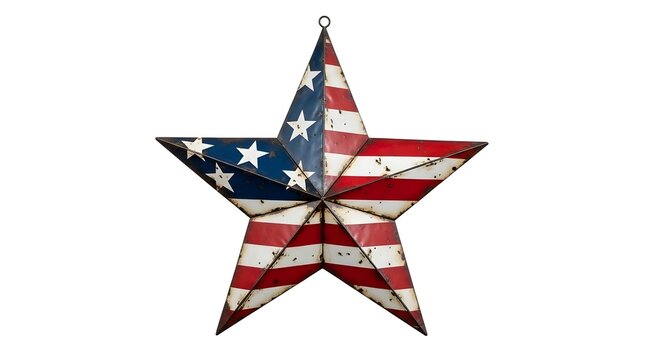 Isolated image of a five pointed star painted with the american flag design on a white background