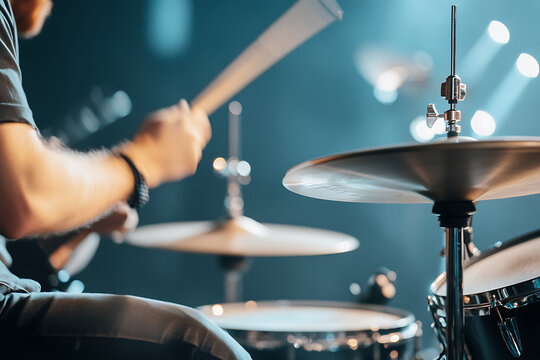 Musical Performance: Close-up of a drummer hitting a cymbal during a live performance, focusing on the energy and rhythm of the music.