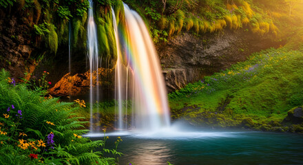 A waterfall cascading into a pool with a rainbow and lush greenery surrounding the scene silhouette