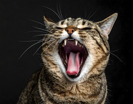 A close-up studio shot of a brown tabby cat with its eyes closed, mid-yawn, showing its tongue, throat, and sharp white fangs against a black background - Powered by Adobe