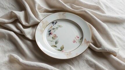 Ceramic Plates with Watercolor Floral Design on Soft Fabric (AI-generated)