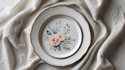 Ceramic Plates with Watercolor Floral Design on Soft Fabric (AI-generated)