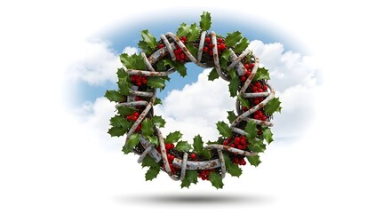 A christmas wreath made of twigs holly leaves and red berries against a cloudy sky background silhouette