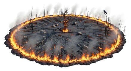 Aerial view of a circular landscape engulfed in flames with a crow perched on a branch silhouette
