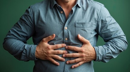 Hand-on-Chest Gesture in Casual Outfit against Green Background (AI-generated)