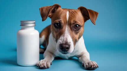 Dog Next to Supplement Bottle on Blue Background (AI-generated)