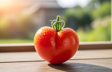 Close up of a fresh red tomato with water droplets on a wooden surface near a window outdoors silhouette
