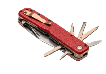 Isolated Swiss army knife with multiple blades and tools, close-up, red texture handles