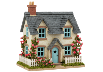 Isolated miniature fairy house garden ornament featuring roses and a white picket fence