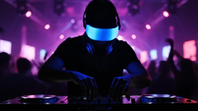Silhouette of a dj wearing headphones and a glowing blue visor, mixing music on a deck with a crowd dancing in the background under purple lights