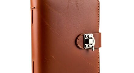 Close up shot of a brown leather journal with a metal clasp against a white background silhouette