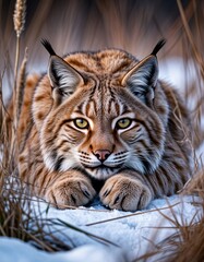 Fototapeta premium Lynx lying quietly on snow-covered ground among tall grass 