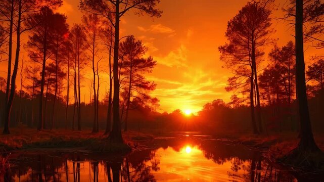 Majestic Sunset Over Serene Waterway Surrounded by Tall Trees in Autumn Glow
