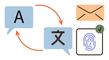 Speech bubbles with language symbols connected by arrows, envelope icon, fingerprint authentication, verification checkmark. Ideal for communication, translation, security, technology, email global © robu_s