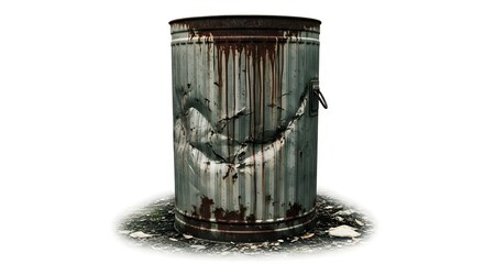 A damaged metal trash can with rust stains and a large dent on a white background surface silhouette