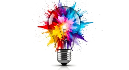 A light bulb surrounded by an explosion of vibrant colors against a white background art silhouette