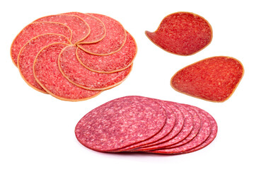Salami slices isolated on white background.