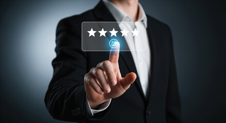 Five star customer rating proof asset for service quality pages, testimonial emails or marketplace listings and guarantee badges used to build trust, reliability and communicate high satisfaction