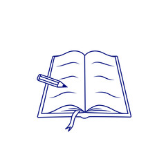 Minimalistic line art icon of an open book with a bookmark and a classic pencil drawing wavy lines on a transparent background, symbolizing learning and creativity