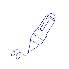 Minimalistic line art icon of a modern ballpoint pen with a clip, drawing a smooth decorative curve on a transparent background, emphasizing style and precision