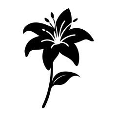 Vector art of black silhouette of a single lily flower with stem and leaves, , elegant floral design element, vector illustration