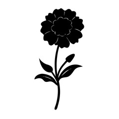Vector art of a black silhouette of a marigoldlike flower with a bud and leaves, isolated on a, ideal for decorative and botanical applications