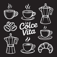 La Dolce Vita Coffee Illustration Set. Hand-Drawn Chalkboard Style Barista Icons.