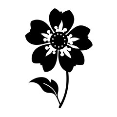 Vector art of black silhouette of a stylized flower with five petals and a detailed center, isolated on a
