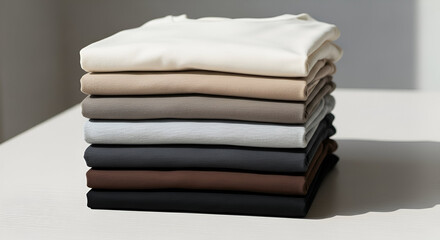 A clean stack of folded t-shirts in different neutral colors placed neatly on a wooden surface with soft daylight. Perfect for apparel catalog or online store presentation.