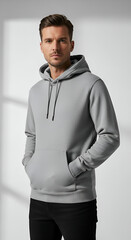 A stylish man wearing a plain hoodie mockup indoors with soft studio lighting and a minimalist background. Ideal for displaying custom hoodie designs, brand logos, or casual wear collections.