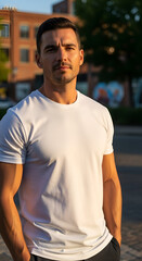 A confident man standing outdoors wearing a plain white shirt mockup under natural sunlight, surrounded by urban elements. Perfect for lifestyle apparel branding or outdoor clothing mockups.