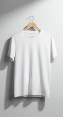 A clean and minimalist mockup of a plain cotton t-shirt hanging on a wooden hanger against a soft neutral background, perfect for showcasing custom designs, brand logos, or apparel artwork. High-quali