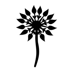 Vector art of black silhouette of a dandelion flower with many petals and a stem