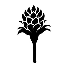 Vector art of a bold black silhouette of a closed flower bud with layered petals, presented in isolation on a clean, evoking a sense of potential and natural structure