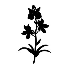 Vector art of a black silhouette of a flowering plant with three distinct blooms on a stem, featuring multiple petals and basal leaves