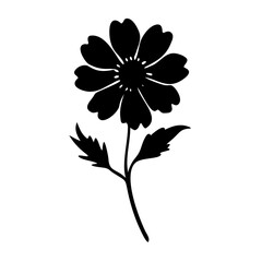 Vector art of a simple black silhouette of a daisy flower with a stem and two leaves