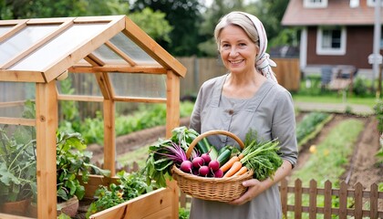 Mature woman holding a basket of fresh vegetables in garden  