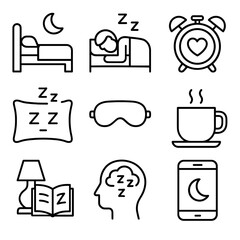 Sleep habits and bedtime essentials icons for World Sleep Day, isolated