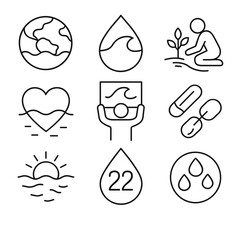 World Water Day symbols with date and climate icons, isolated line pack