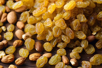 A close-up of golden raisins and chopped dates, with a backdrop of scattered nuts, highlighting their natural shine.