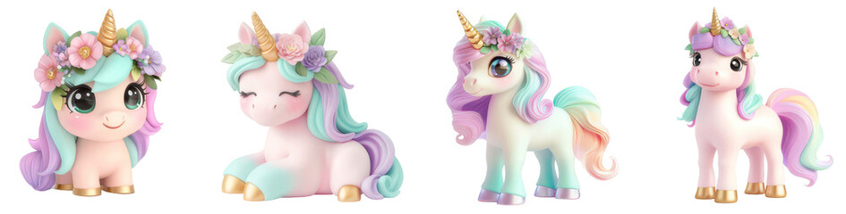 Fototapeta premium Whimsical Unicorns: A collection of enchanting unicorn figurines, each adorned with a unique floral crown, exuding charm and fantasy.