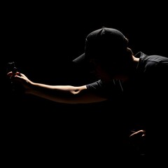 A dimly lit image of a person wearing a cap holding a small black object against a dark background