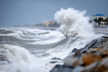 Powerful ocean waves crash against rocky shore during stormy weather at a coastal town