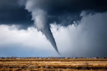 Fototapeta premium Powerful tornado spins down from dark stormy clouds over open fields in the plains on a late afternoon