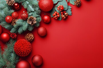 Festive Christmas Wreath With Red Ornaments and Pine Cones on a Bright Red Background