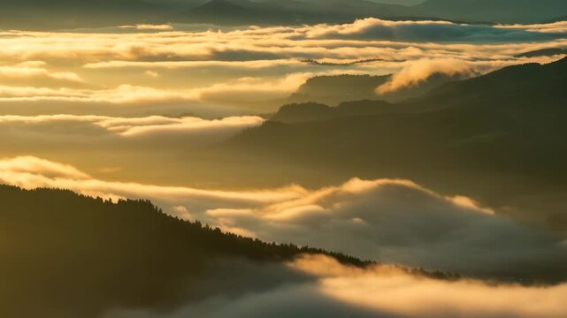 Breathtaking golden sunset over misty mountains, rolling fog across valleys, warm cinematic light, serene and dramatic nature landscape, ultra-realistic 8K HDR, 