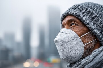 Elderly man wearing a mask looks thoughtfully at the city skyline on a foggy day during a pandemic