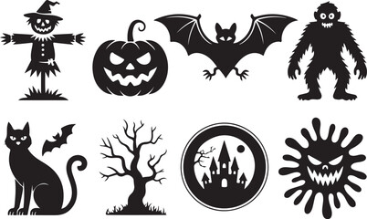 Obraz premium Halloween Witch, Ghost, Skeleton and Pumpkin Silhouette Vector Illustration