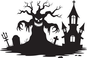 Haunted Castle Bats Bones Tree Silhouette Halloween Spooky Scary Horror